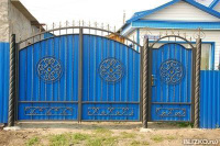 Ворота с калиткой, металлические, распашные, синие, кованые узорные круги