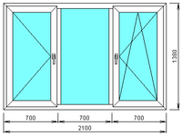 Окно пластиковое 3-х камерное 3-створчатое р-р 1380*2100 мм