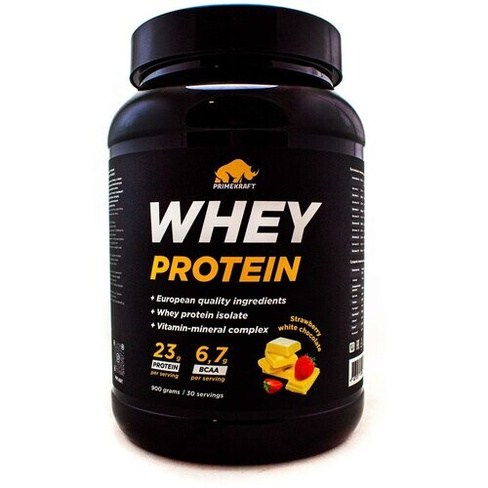 Протеин сывороточный PRIMEKRAFT Whey Protein, Клубника-Белый шоколад (Strawberry-White chocolate), банка 900 г / 30 порц